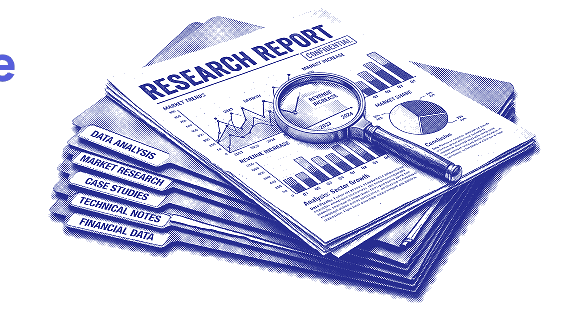 Stack of research report folders with charts and a magnifying glass